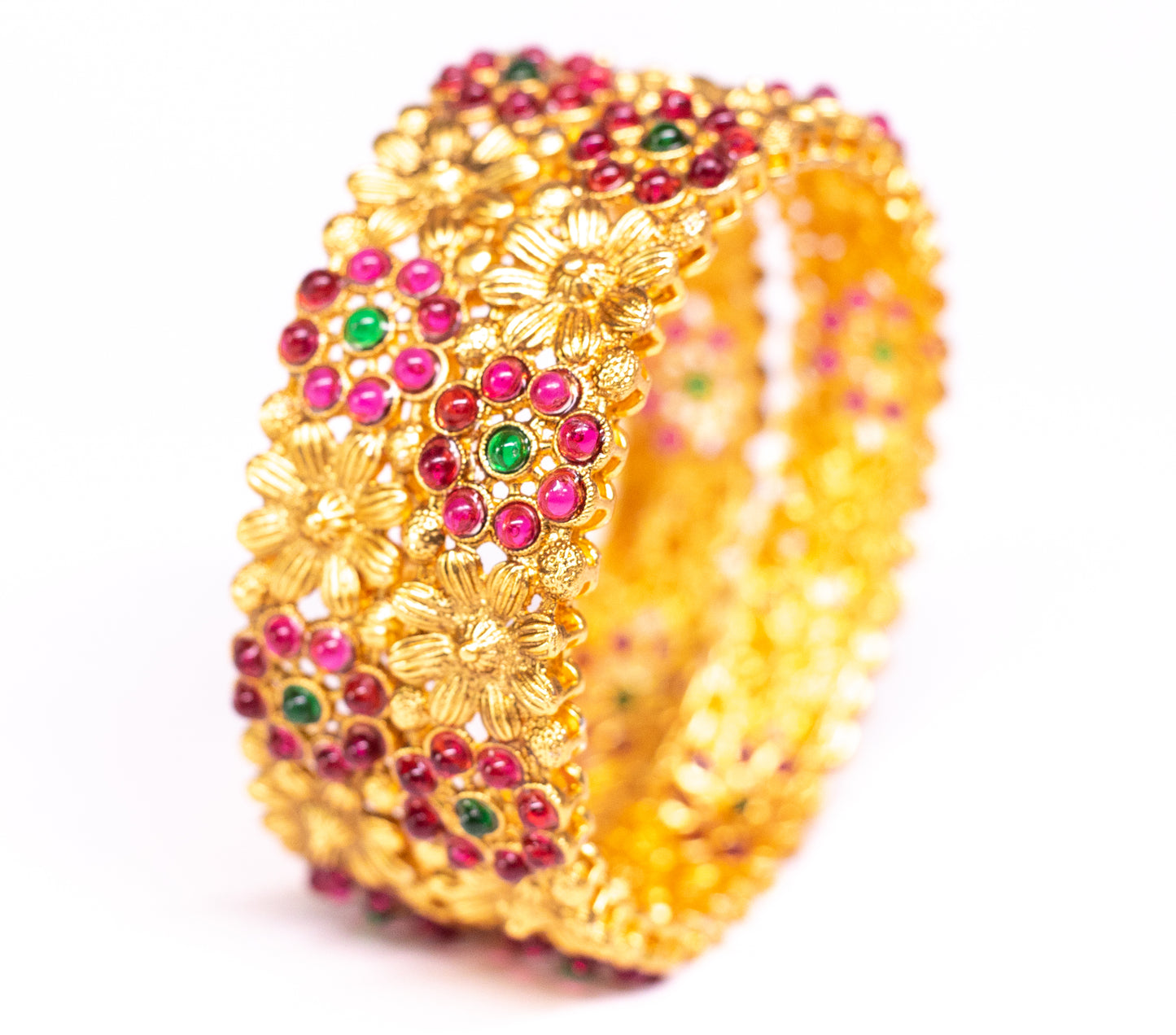 Stone Gold Plated Metal Temple Bangles Set