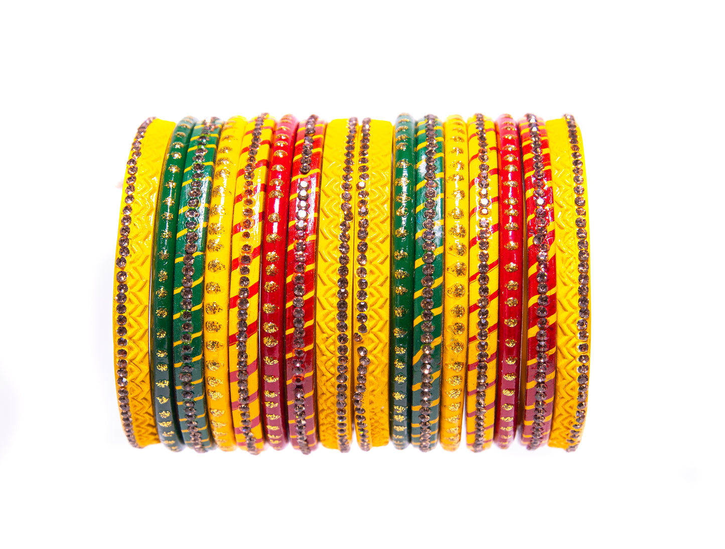 Swara Creations Lah/Lac bangles red,yellow and green color Set, LAHTHI Churi zircon work for Women and Girls(16pcs)