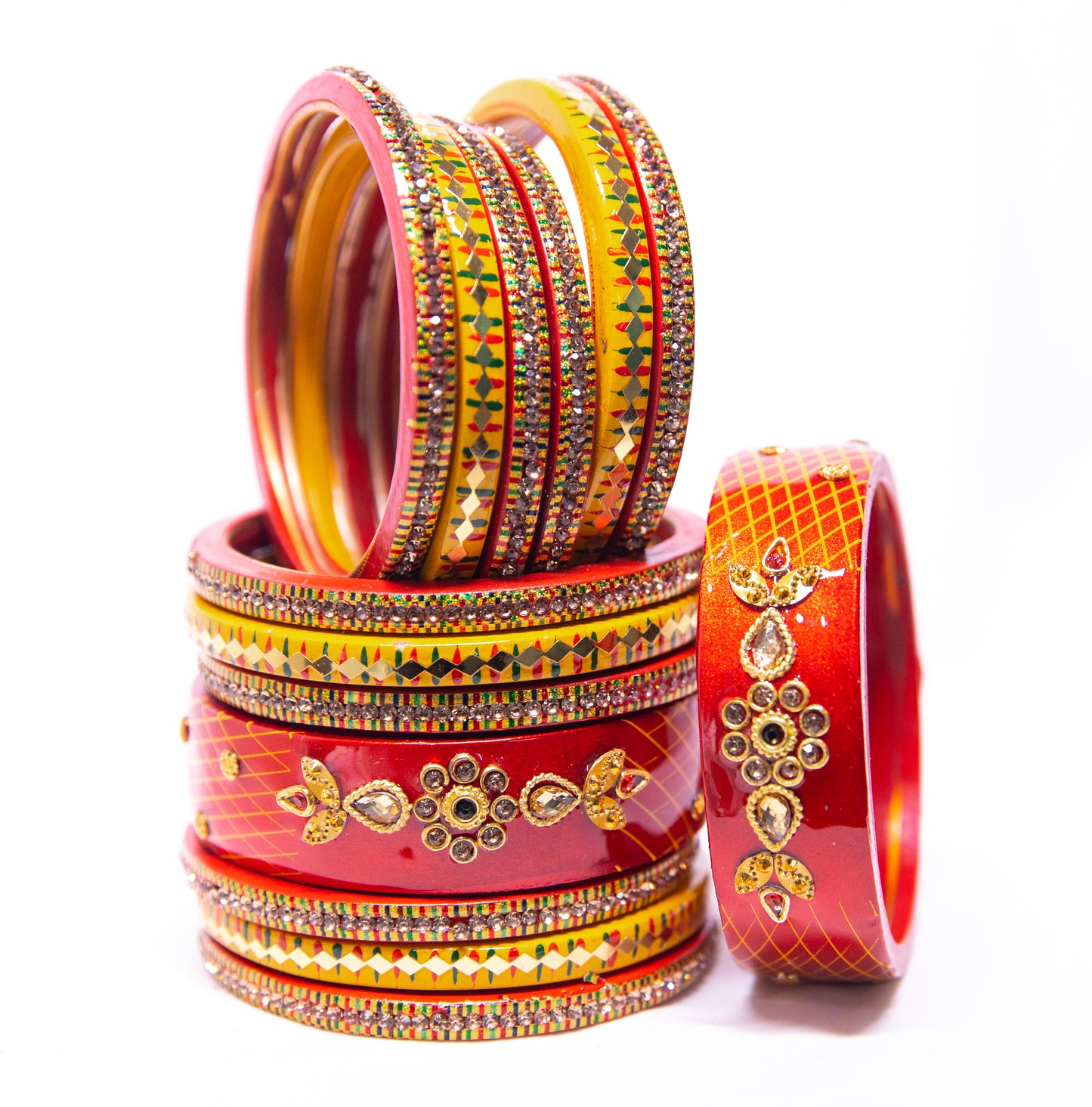 Swara Creations Lah/Lac bangles red and yellow color Set, LAHTHI Churi zircon work for Women and Girls(14pcs)