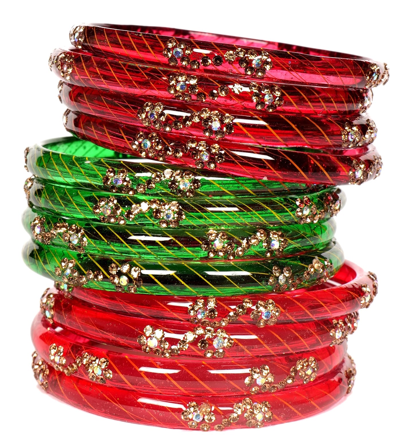 Swara Creations Red Green Mehrun Color Bangles for Women/Studded with Golden stonework/Crystal bangles (12Pcs)