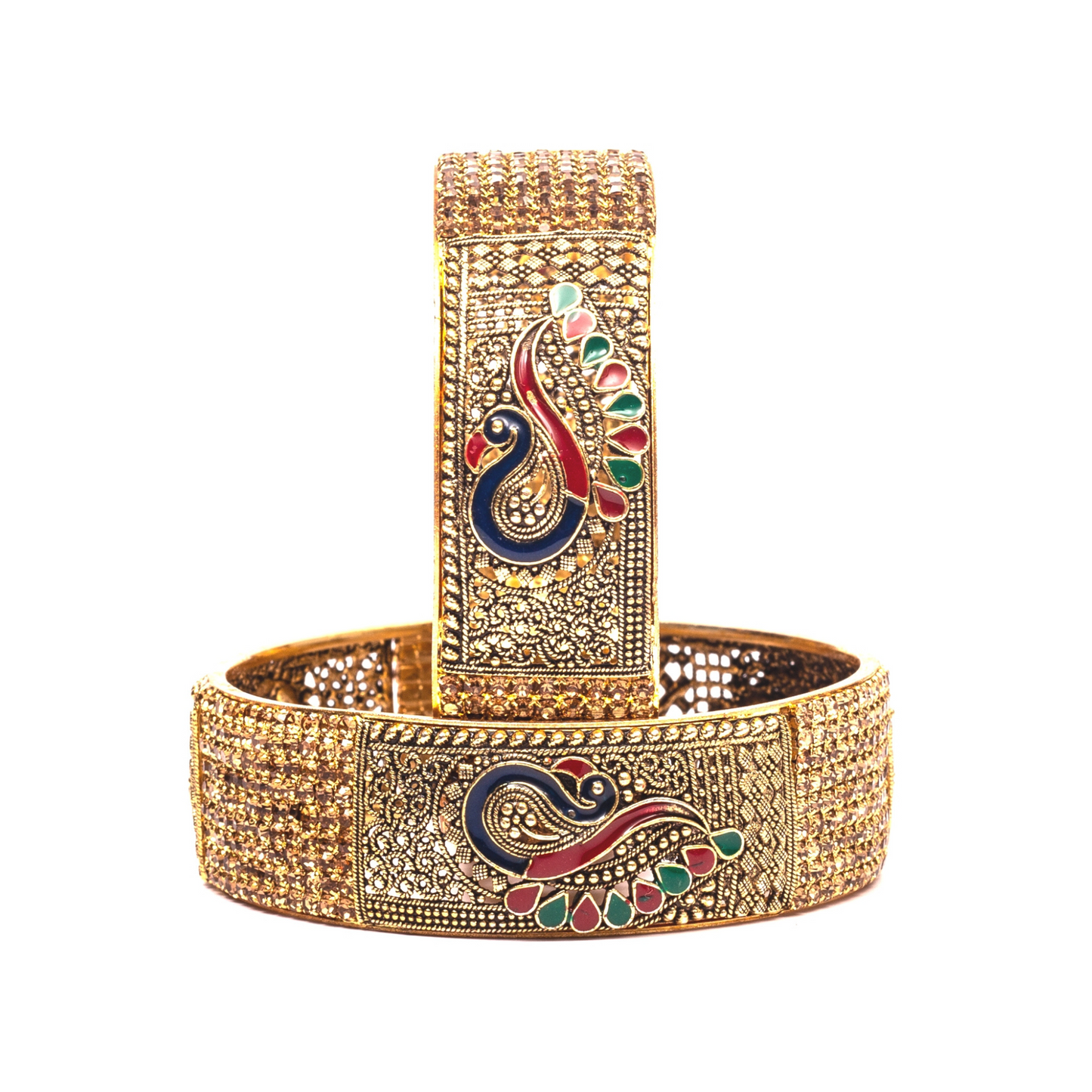 Swara Creations Traditional Brass bangles in Golden Polish with Peacock Meenakari design and zircon work for women and girls(set of 2)(SKU082)