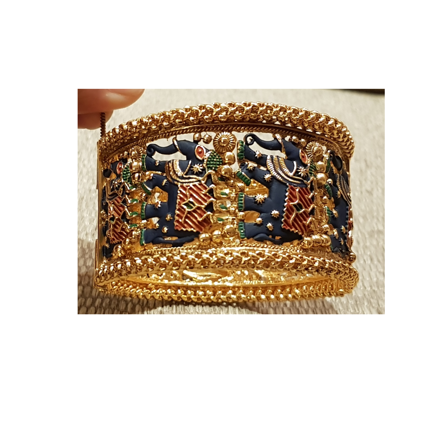 Swara Creations Traditional Golden Brass Kada embossed with Blue Small Elephant design for Women & Girls (1Pc)(SKU087)