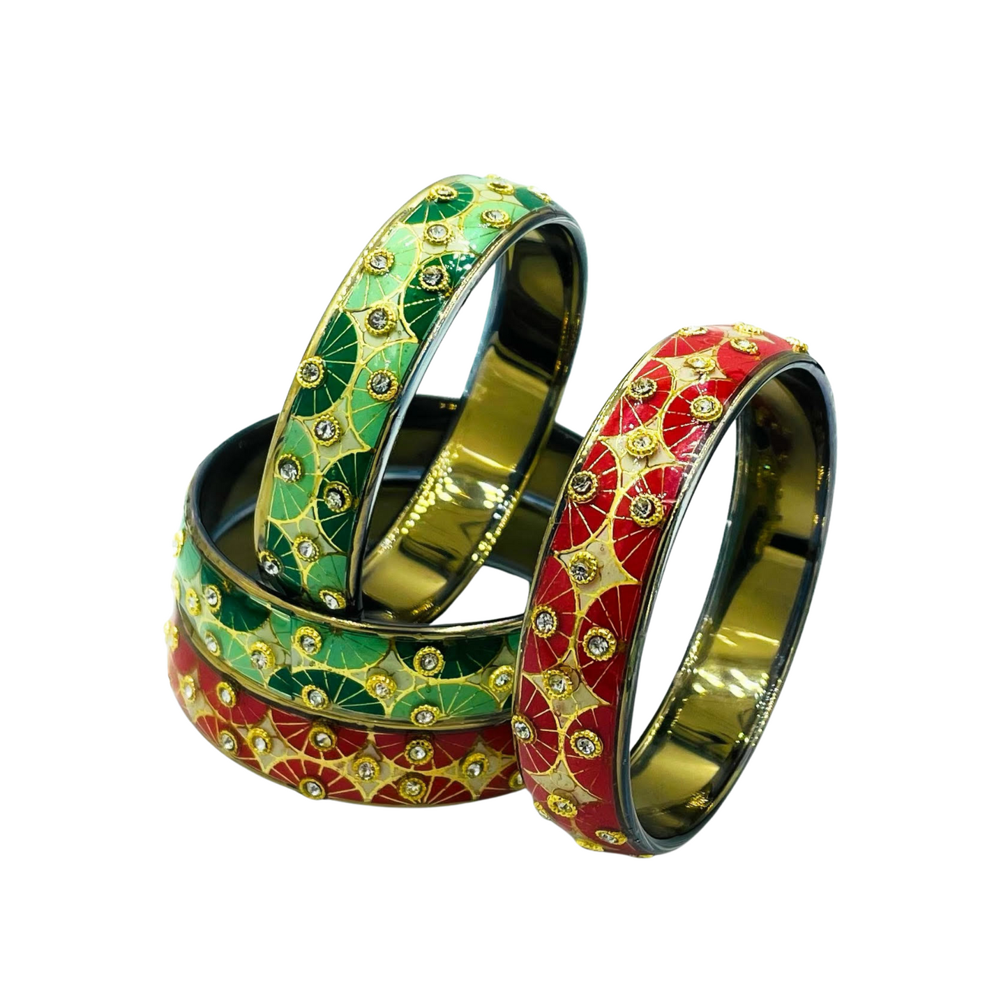 Swara Creations Traditional Bangles Set |Glass Kade with Golden design, Stone work| Red Green & Multi color Bangles(Sku255)