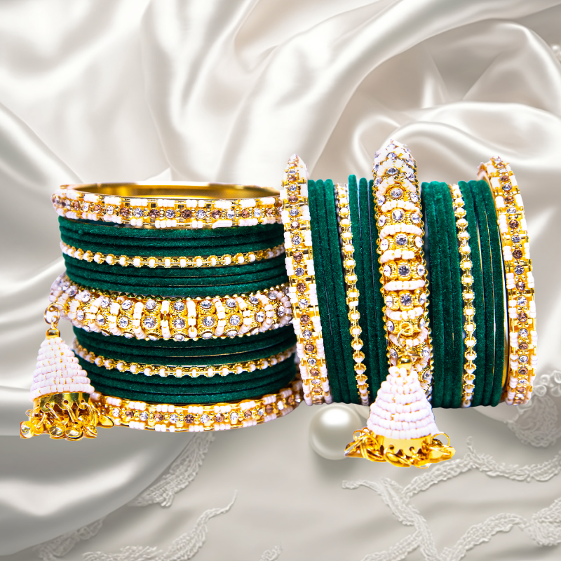 Latkan Red/ Green Metal velvet bangles Set