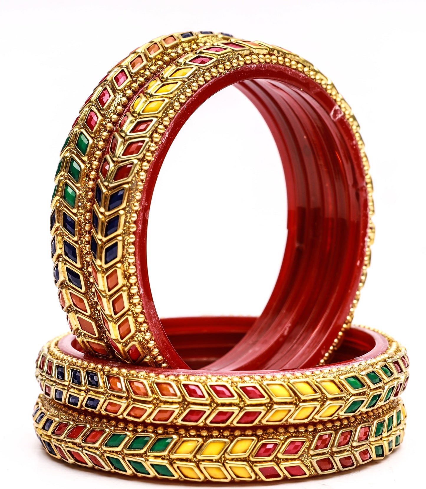 Swara Creations Glass Bangles/Kadas Set | Diamond Cutting Stone design | Golden Design for Women & Girls(Size - 2.4, 2.6, 2.8)