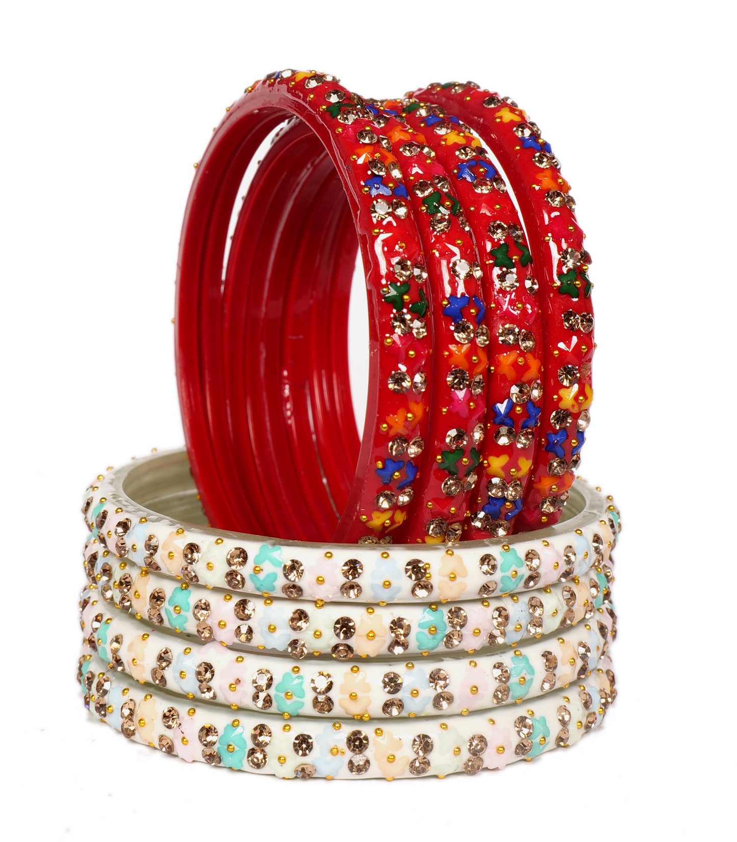 Swara Creations Red Green White Multi color Bangles for Women/Studded with Zirconia stonework/Glass Bangles (8Pcs)(SKU258)