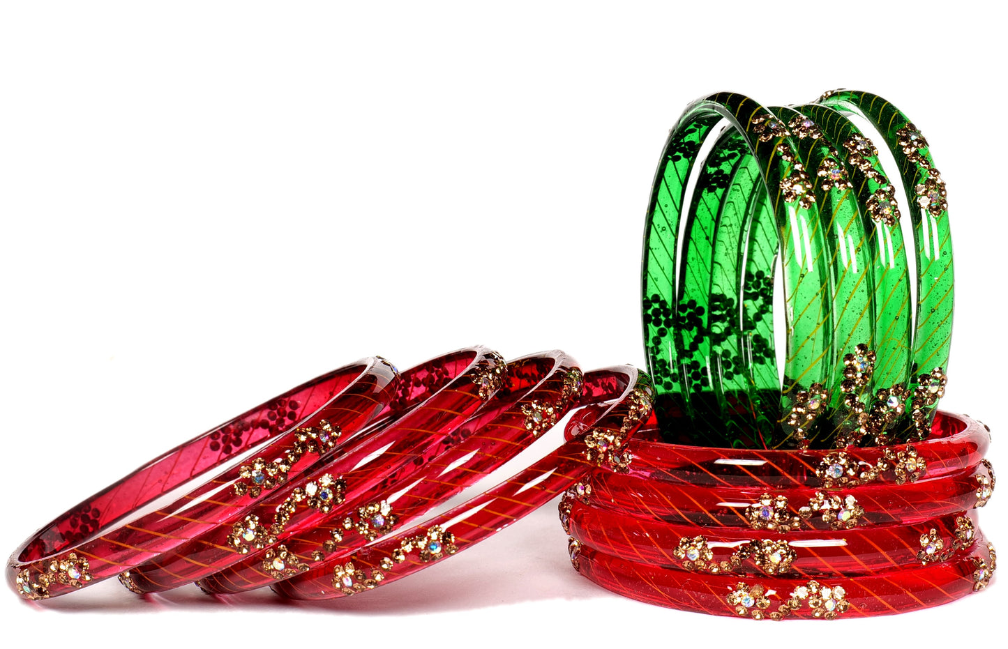 Swara Creations Red Green Mehrun Color Bangles for Women/Studded with Golden stonework/Crystal bangles (12Pcs)