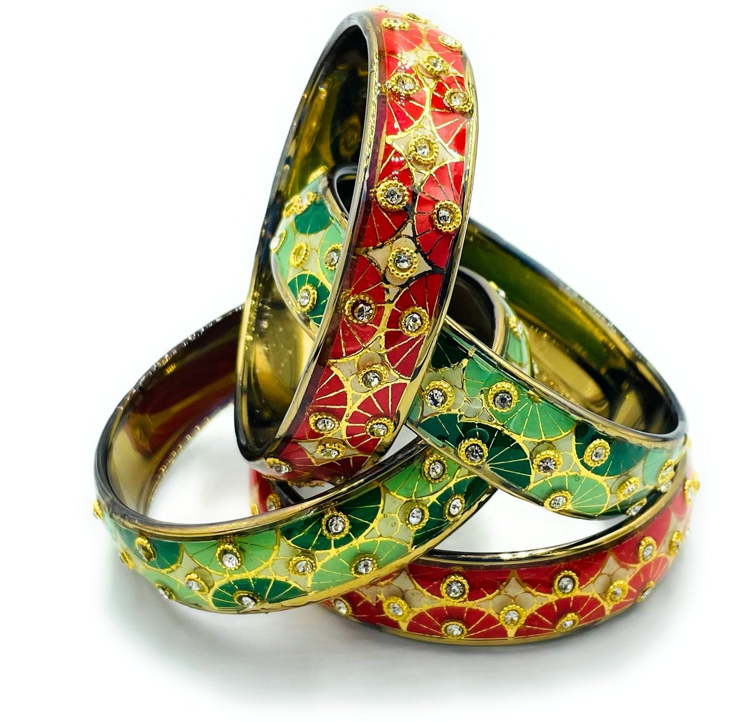 Swara Creations Traditional Bangles Set |Glass Kade with Golden design, Stone work| Red Green & Multi color Bangles(Sku255)