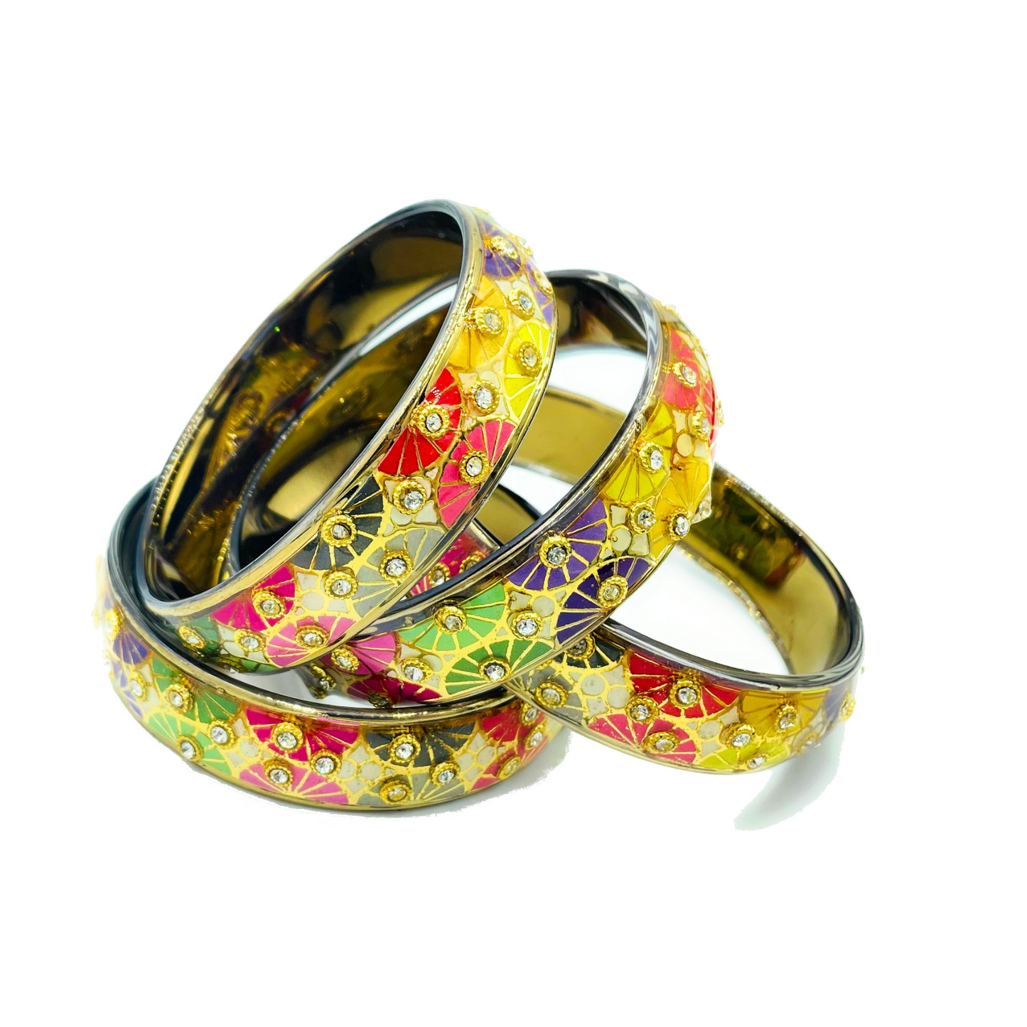 Swara Creations Traditional Bangles Set |Glass Kade with Golden design, Stone work| Red Green & Multi color Bangles(Sku255)