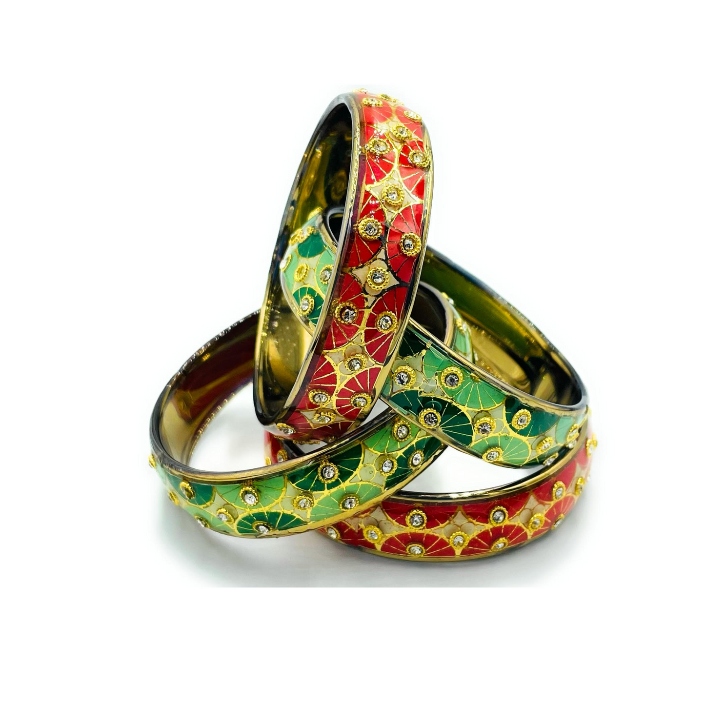 Swara Creations Traditional Bangles Set |Glass Kade with Golden design, Stone work| Red Green & Multi color Bangles(Sku255)