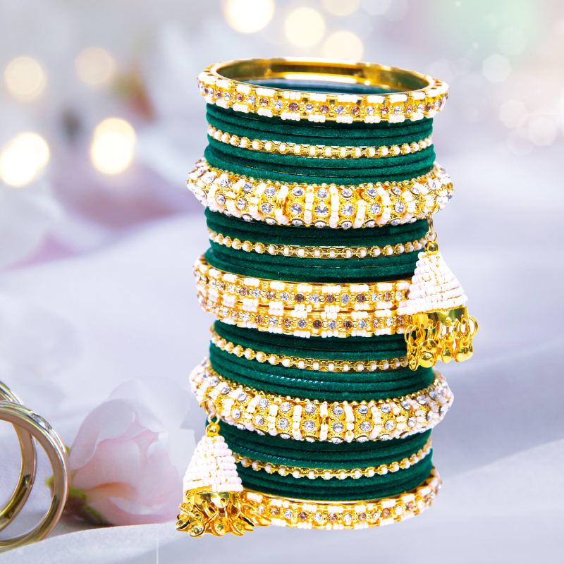 Latkan Red/ Green Metal velvet bangles Set