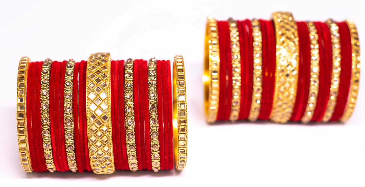 Swara Creations Traditional Red Metal velvet bangles Set with Kundan & Zircon Kadas for Women and Girls|Perfect for Wedding & Festival (25 Pc)