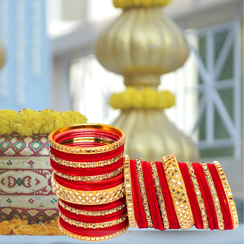 Swara Creations Traditional Red Metal velvet bangles Set with Kundan & Zircon Kadas for Women and Girls|Perfect for Wedding & Festival (25 Pc)