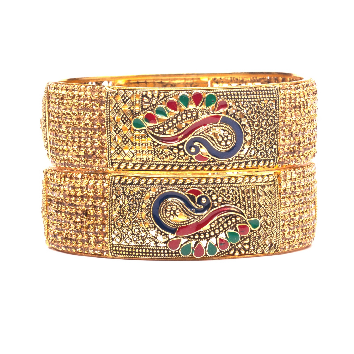 Swara Creations Traditional Brass bangles in Golden Polish with Peacock Meenakari design and zircon work for women and girls(set of 2)(SKU082)