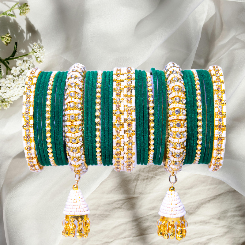 Latkan Red/ Green Metal velvet bangles Set