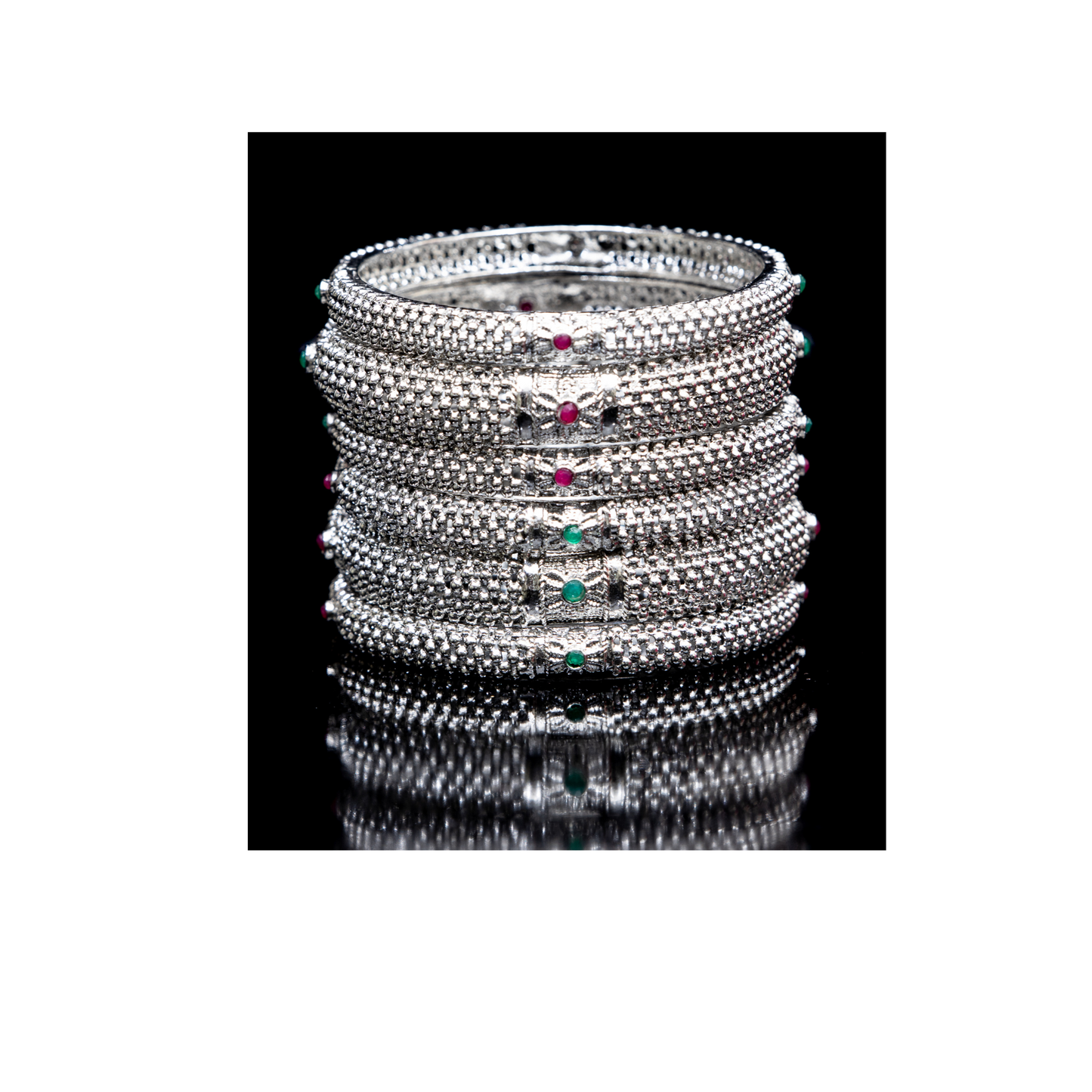 Swara Creations Antique Oxidized Silver Polish Metal Bangles Set with red and green stone work |Original Hand Work for Women and Girls(Set of 6)(SKU177)