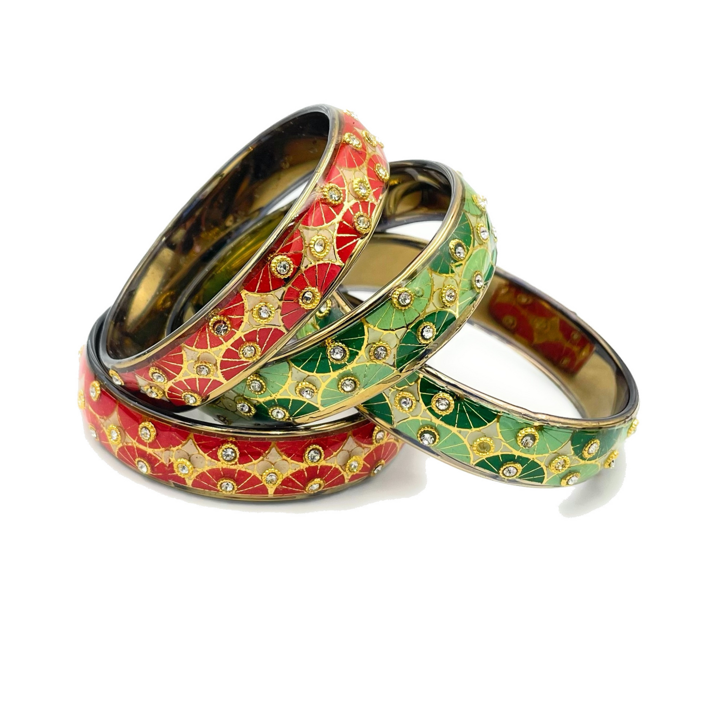 Swara Creations Traditional Bangles Set |Glass Kade with Golden design, Stone work| Red Green & Multi color Bangles(Sku255)