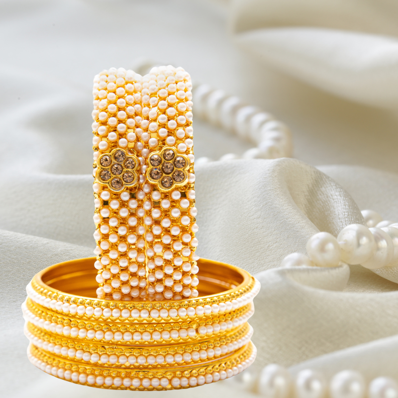 Moti work Golden Metal Bangles Set