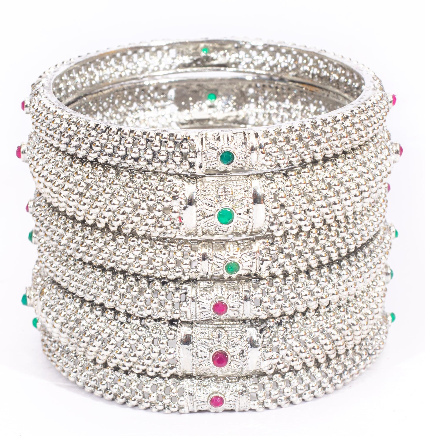 Swara Creations Antique Oxidized Silver Polish Metal Bangles Set with red and green stone work |Original Hand Work for Women and Girls(Set of 6)(SKU177)