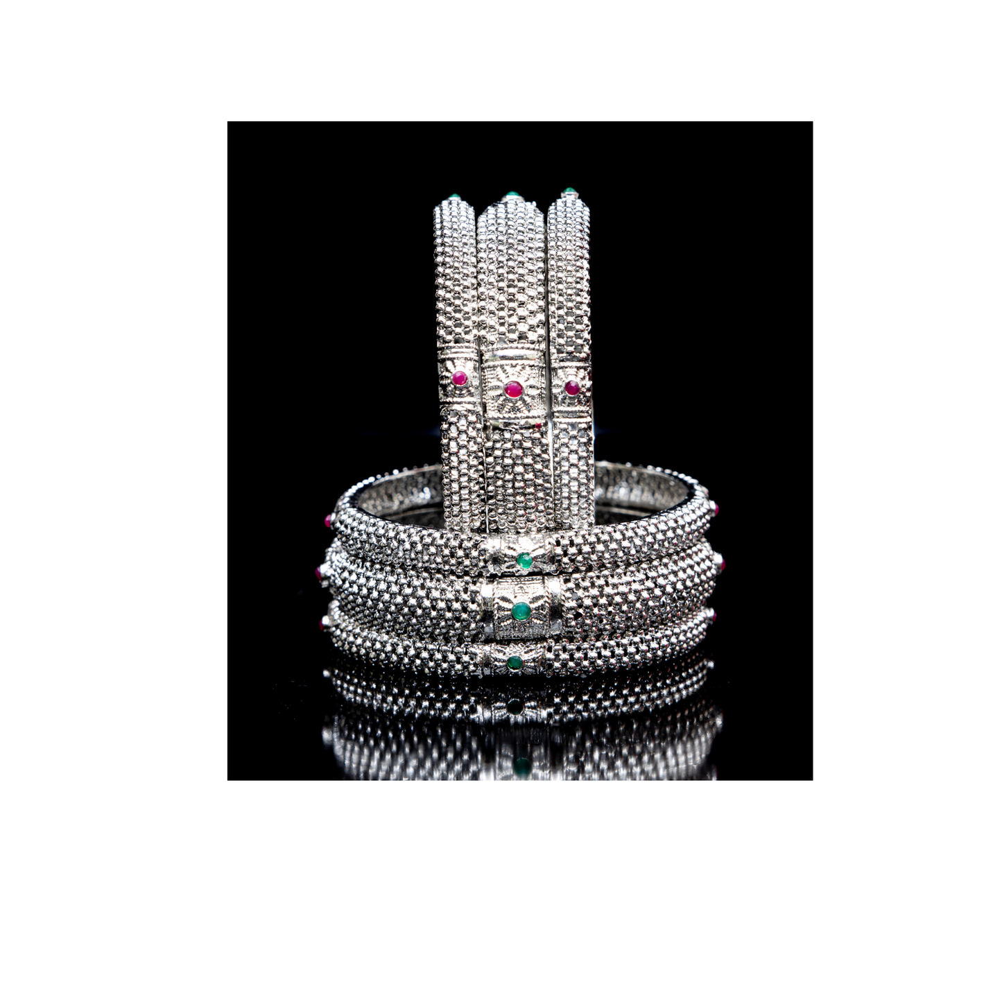 Swara Creations Antique Oxidized Silver Polish Metal Bangles Set with red and green stone work |Original Hand Work for Women and Girls(Set of 6)(SKU177)