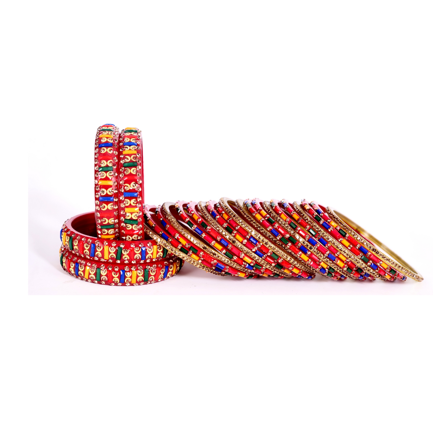 Swara Creations Traditional Glass Bangles Kada Set | Red & Multicolor Stone Design for Special Occassions for Women & Girls(SKU194)