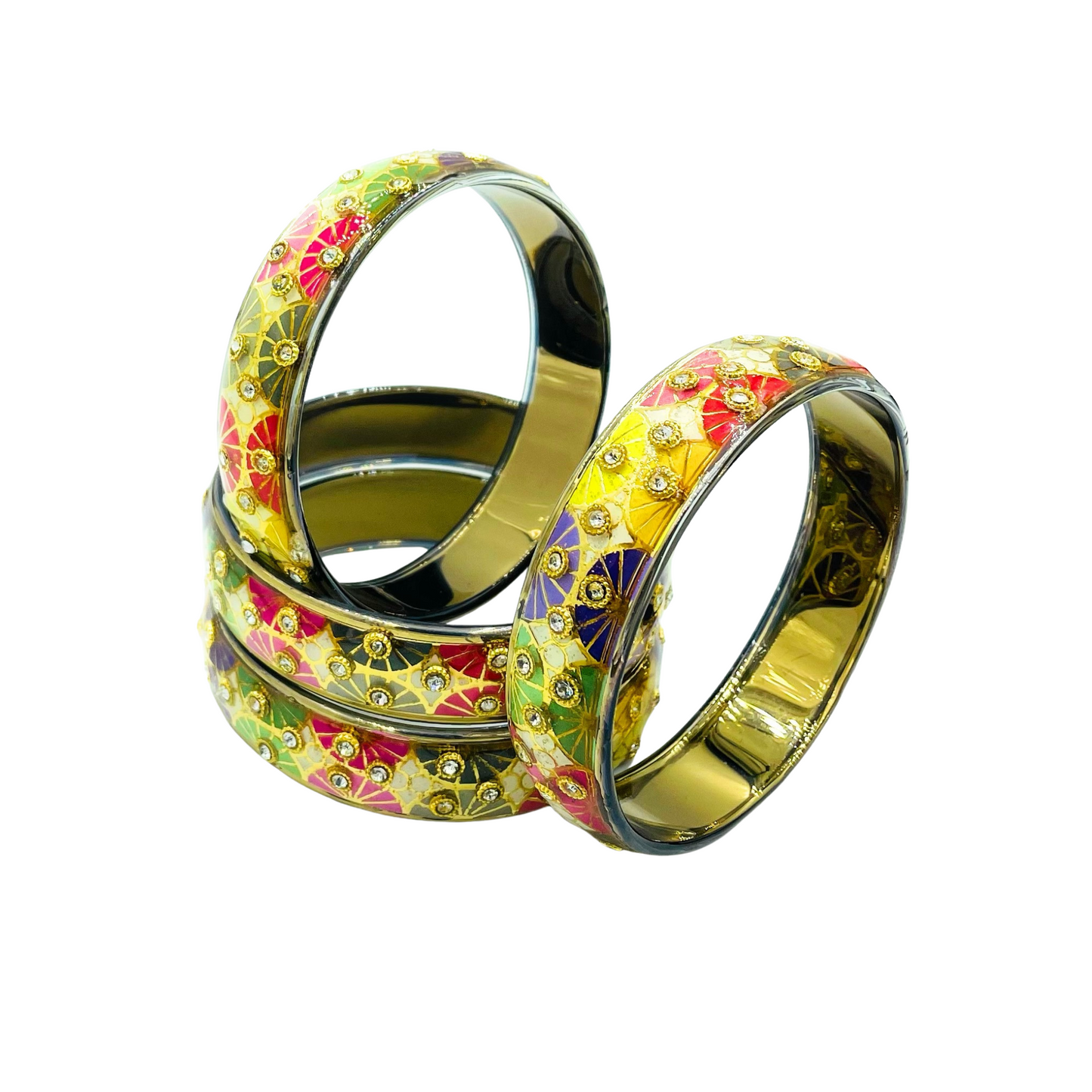 Swara Creations Traditional Bangles Set |Glass Kade with Golden design, Stone work| Red Green & Multi color Bangles(Sku255)