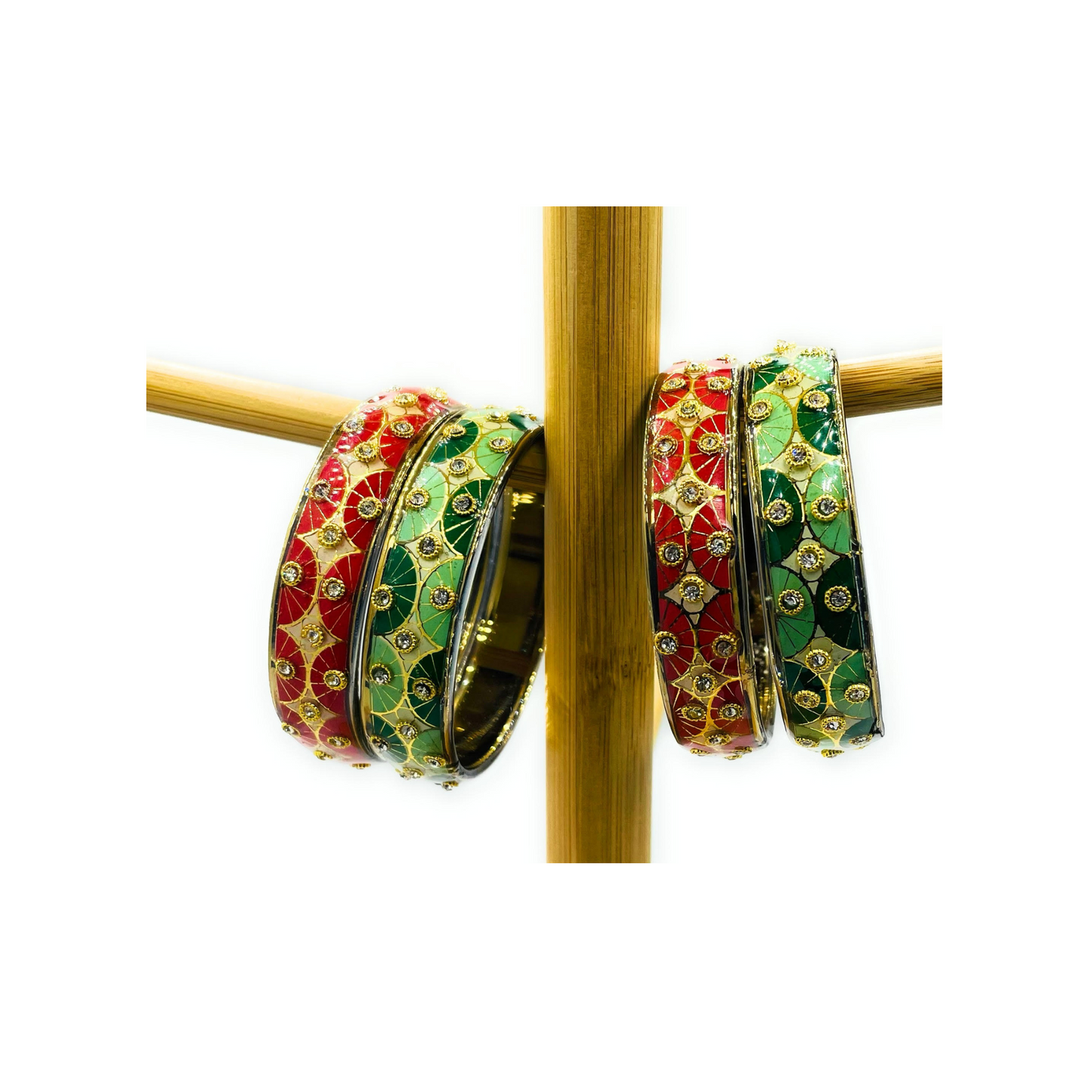 Swara Creations Traditional Bangles Set |Glass Kade with Golden design, Stone work| Red Green & Multi color Bangles(Sku255)