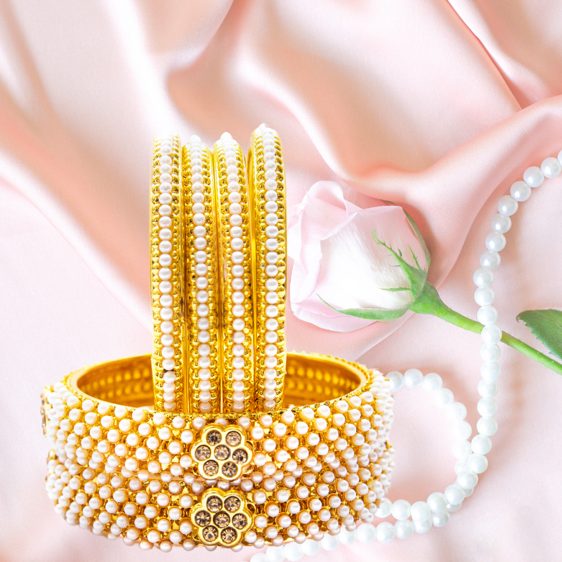 Moti work Golden Metal Bangles Set