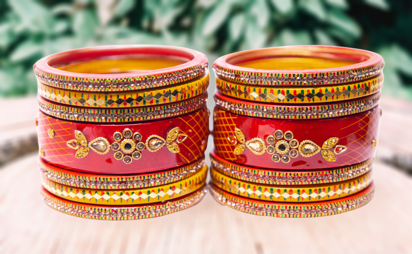 Swara Creations Lah/Lac bangles red and yellow color Set, LAHTHI Churi zircon work for Women and Girls(14pcs)