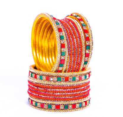 Stone Red and Green Metal  Bangles set