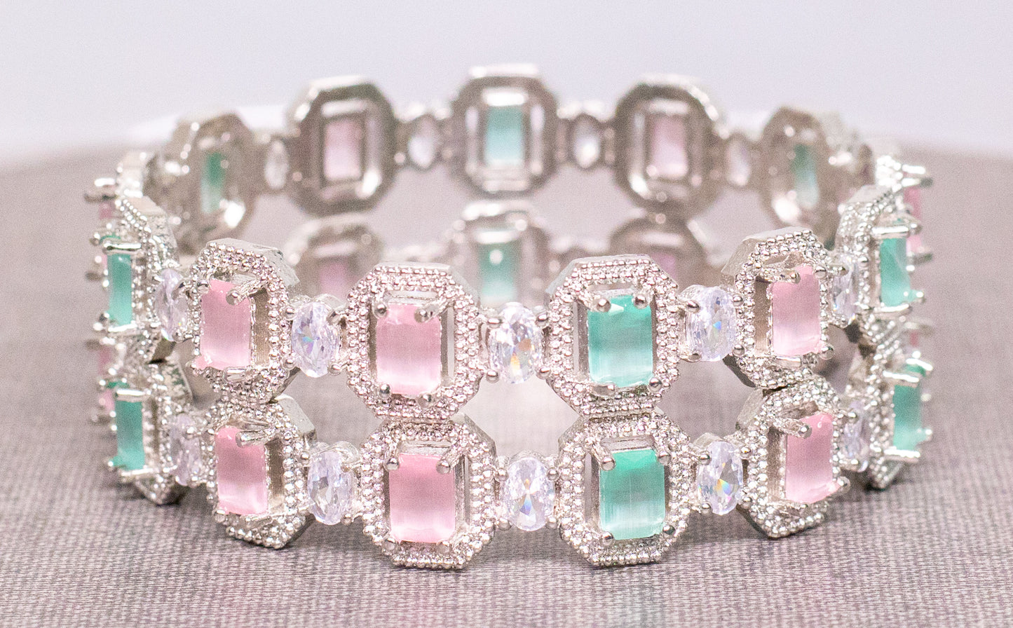 Stone Work Plated Silver Metal Bangle Set