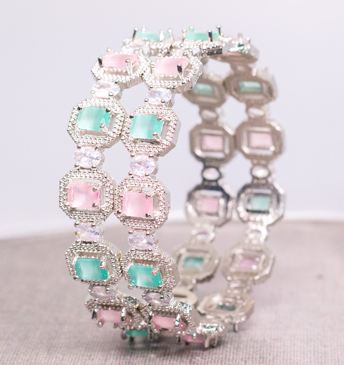 Stone Work Plated Silver Metal Bangle Set