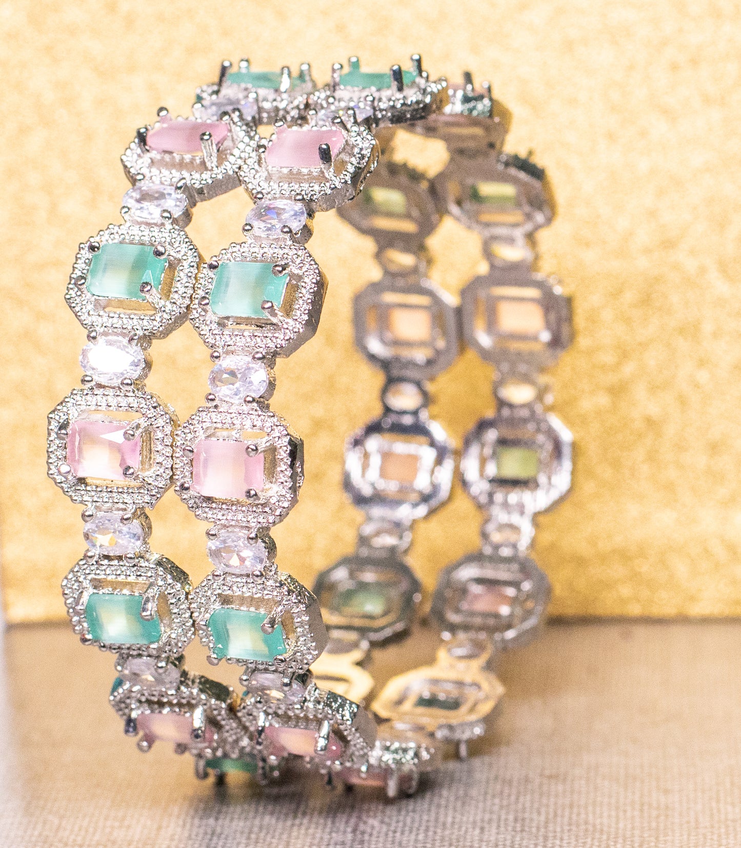 Stone Work Plated Silver Metal Bangle Set