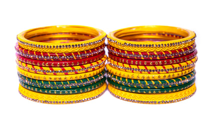 Swara Creations Lah/Lac bangles red,yellow and green color Set, LAHTHI Churi zircon work for Women and Girls(16pcs)