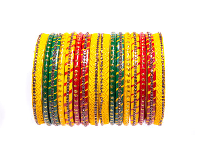 Swara Creations Lah/Lac bangles red,yellow and green color Set, LAHTHI Churi zircon work for Women and Girls(16pcs)