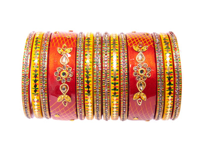 Swara Creations Lah/Lac bangles red and yellow color Set, LAHTHI Churi zircon work for Women and Girls(14pcs)