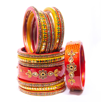 Swara Creations Lah/Lac bangles red and yellow color Set, LAHTHI Churi zircon work for Women and Girls(14pcs)