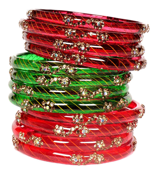 Swara Creations Red Green Mehrun Color Bangles for Women/Studded with Golden stonework/Crystal bangles (12Pcs)