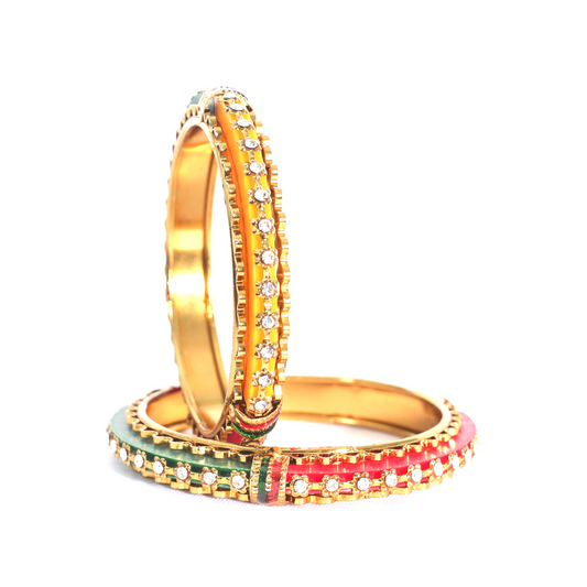 Swara Creations Golden brass kadas set with seep and stone work in Red,Yellow and Green(SKU049 (0