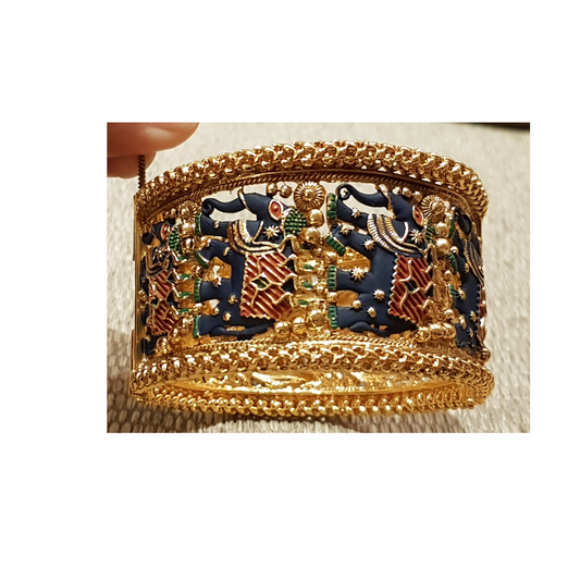 Swara Creations Traditional Golden Brass Kada embossed with Blue Small Elephant design for Women & Girls (1Pc)(SKU087)