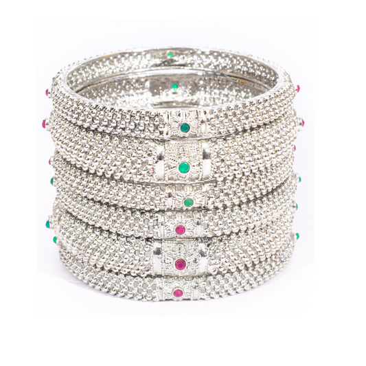 Swara Creations Antique Oxidized Silver Polish Metal Bangles Set with red and green stone work |Original Hand Work for Women and Girls(Set of 6)(SKU177)
