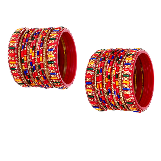 Swara Creations Traditional Glass Bangles Kada Set |  Red & Multicolor Stone Design for Special Occassions for Women & Girls(SKU194)