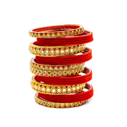 Swara Creations Traditional Glass Bangles set for women/Red and Green Velvet glass bangles/Diamond cutting/Kundan work design bangles for women(Sku253)