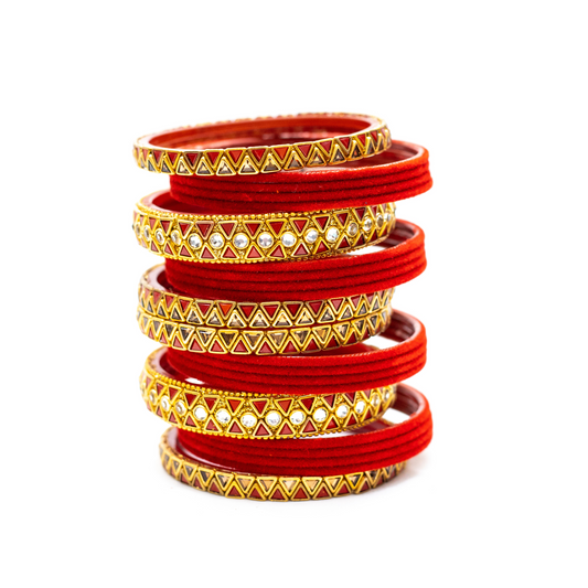 Swara Creations Traditional Glass Bangles set for women/Red and Green Velvet glass bangles/Diamond cutting/Kundan work design bangles for women(Sku253)