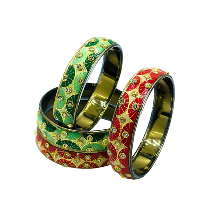 Swara Creations Traditional Bangles Set |Glass Kade with Golden design, Stone work| Red Green & Multi color Bangles(Sku255)