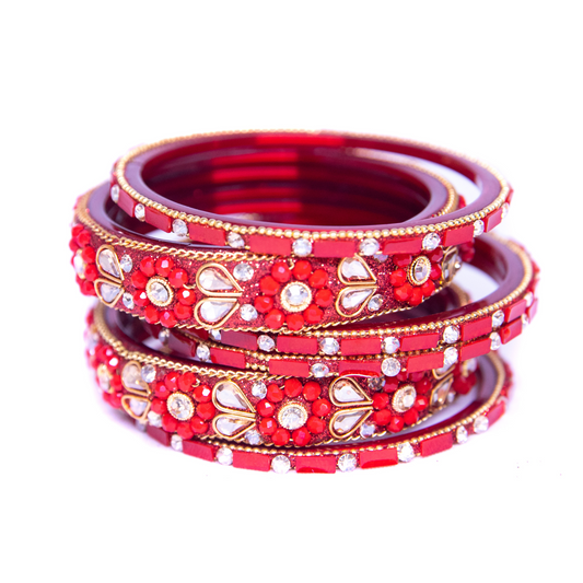 Swara Creations Red Glass Bangles Set | Karwa Chauth Special Bangles set | Shiny Stonework Kundan Bangles for Women & Girl(Sku266)