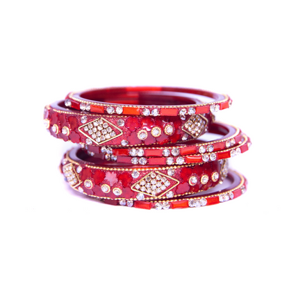 Swara Creations Red Glass Bangles Set | Karwa Chauth Special Bangles set | Shiny Stonework Kundan Bangles for Women & Girl(Sku266)