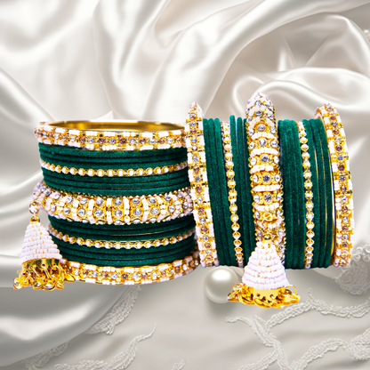 Latkan Red/ Green  Metal velvet bangles Set