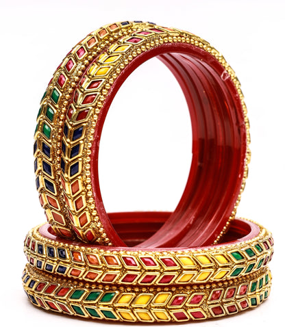 Swara Creations Glass Bangles/Kadas Set | Diamond Cutting Stone design | Golden Design for Women & Girls(Size - 2.4, 2.6, 2.8)