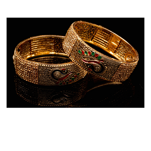 Swara Creations Traditional Brass bangles in Golden Polish with Peacock Meenakari design and zircon work for women and girls(set of 2)(SKU082)